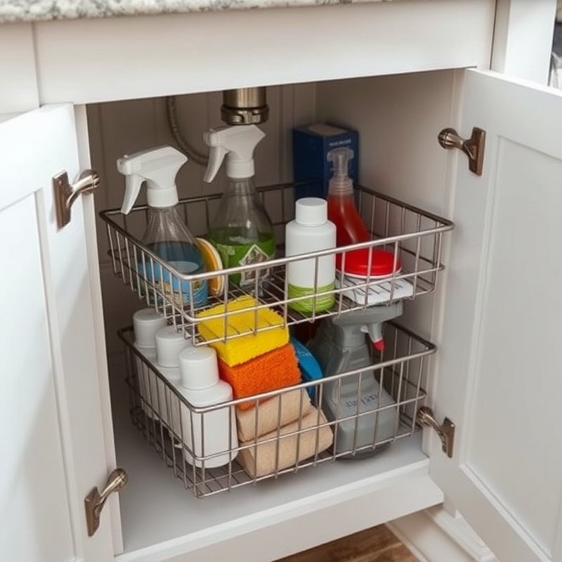 open under-sink cabinet with two-tier sliding wire basket storing cleaning bottles