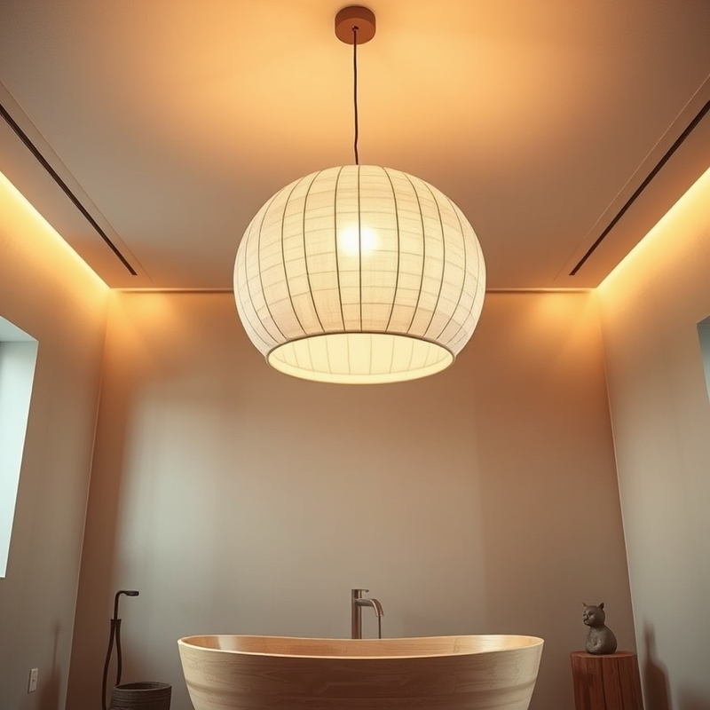 large round rice paper pendant lantern in a bathroom