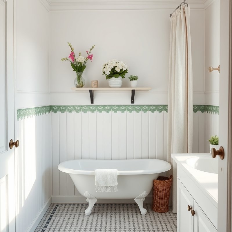 19 Green Tile Bathroom Ideas That Bring Fresh Nature Vibes and Texture Try This Look Now 7 scalloped green tile border and white wainscoting in bathroom