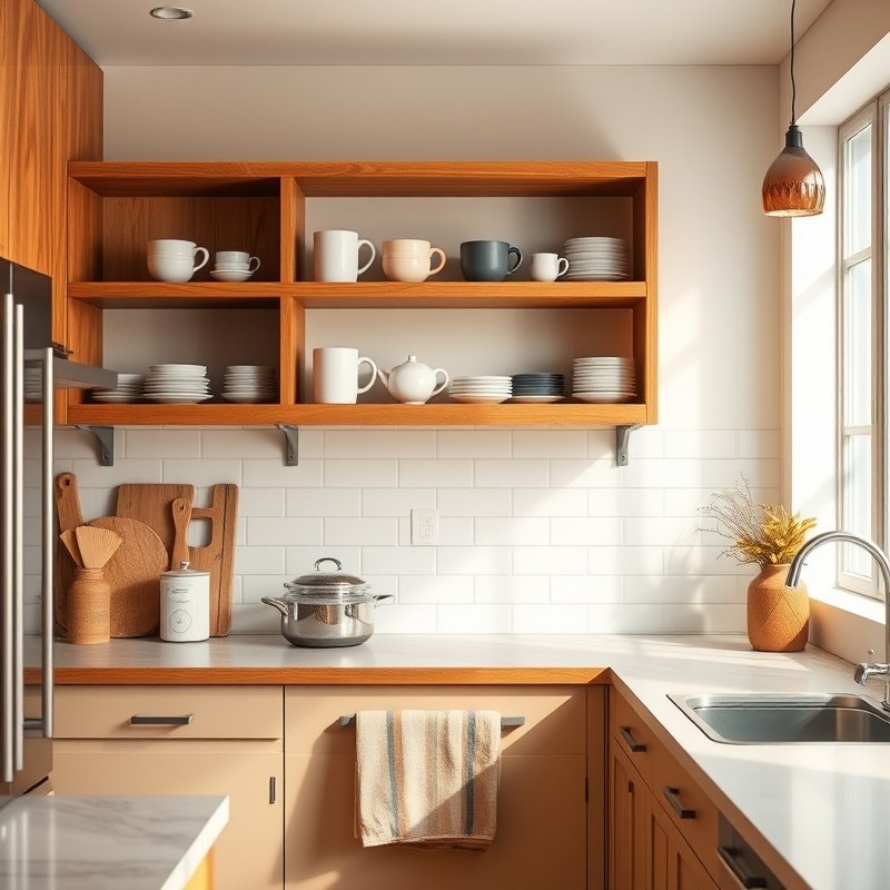 19 Cozy Kitchen Ideas That Make Your Space Feel Warm and Inviting You Must Try These 2 warm wood open shelves displaying ceramic mugs in a cozy kitchen