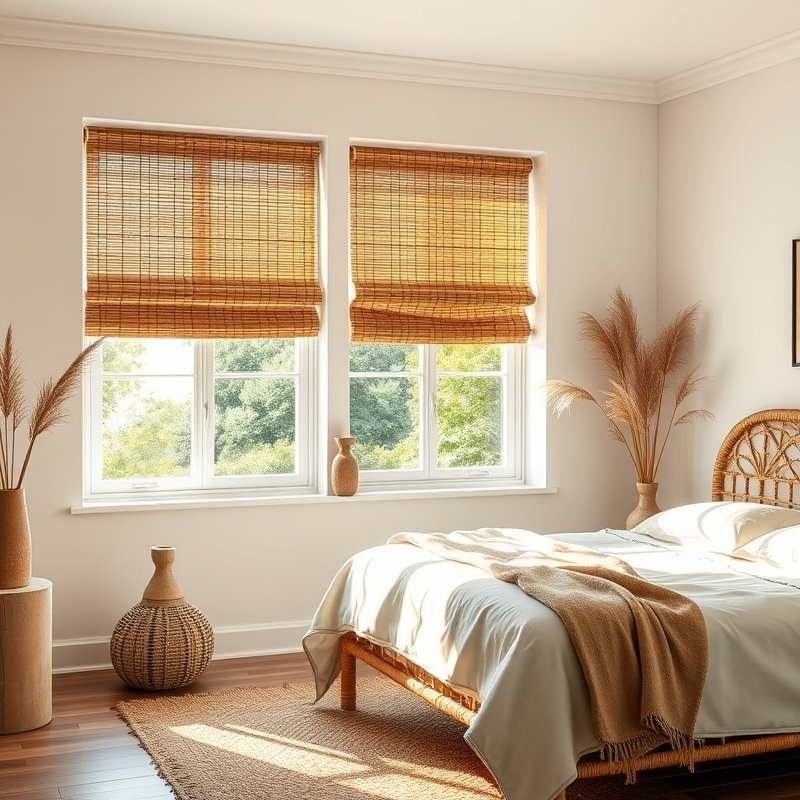 window with woven bamboo blinds in a boho bedroom, natural light filtering through