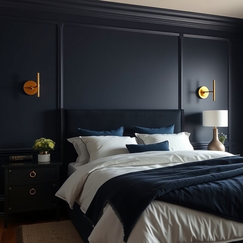 20 Bedroom Ideas for Men 2026 That Look Modern, Clean, and Ultra Stylish Upgrade Your Space 17 bedroom with dark navy walls and brass light fixtures