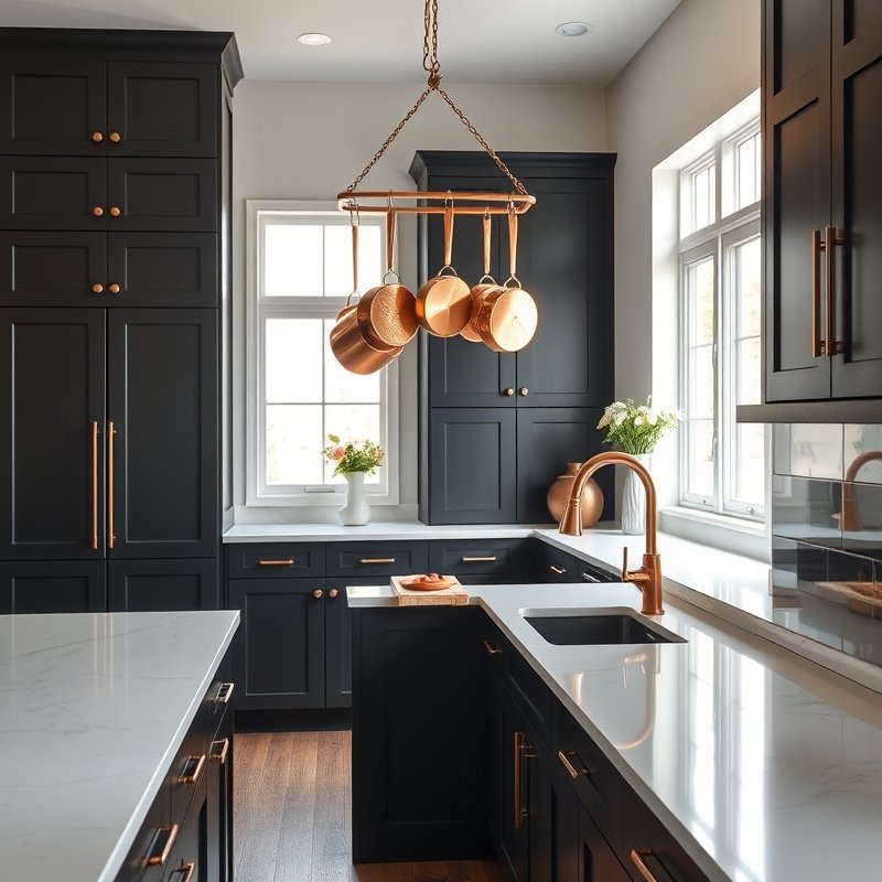 black kitchen with hanging copper pot rack and copper faucet