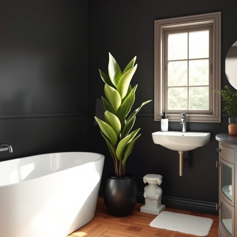 23 Black Bathroom Ideas That Look Bold, Modern, and Ultra Stylish Upgrade Your Space Today 21 bathroom with tall snake plant in matte black ceramic pot near window