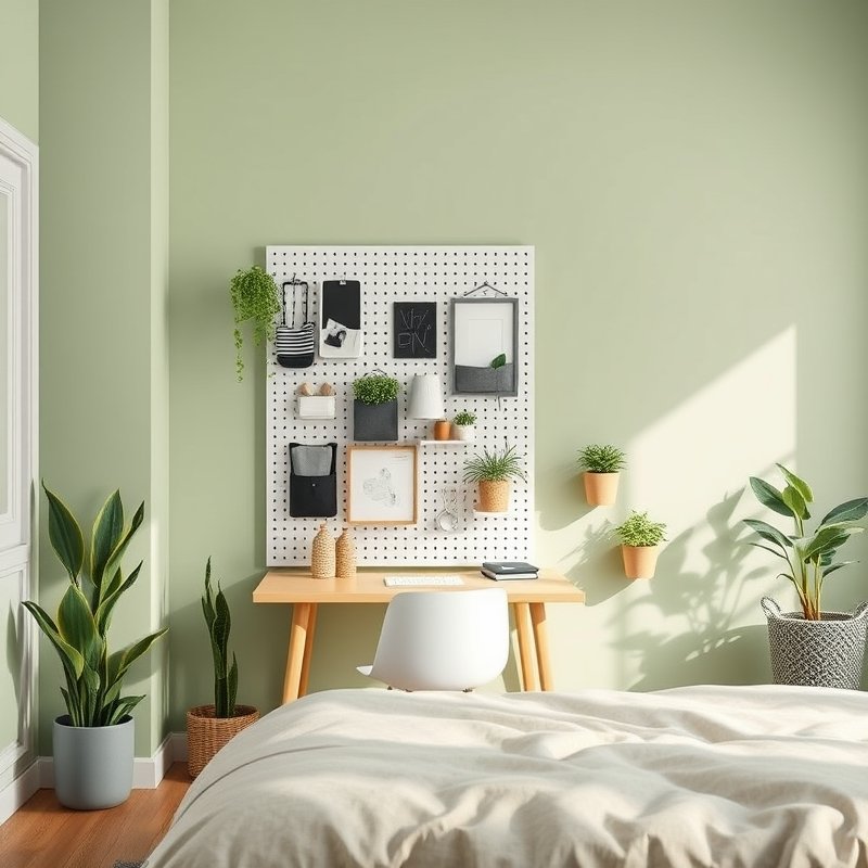 22 Teen Bedroom Ideas That Look Trendy, Cozy, and Pinterest Perfect Start Your Room Makeover 6 Geometric pegboard wall with shelves, plants, and desk in teal room