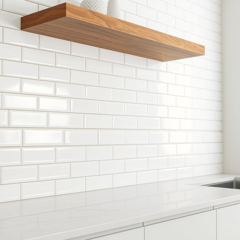 Milky white subway tile backsplash with dark grout
