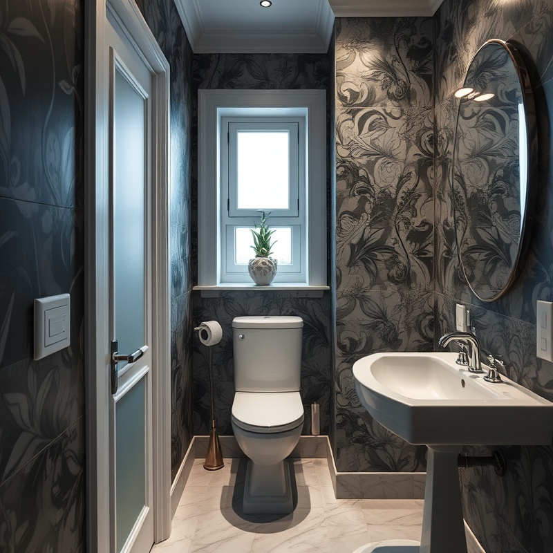 private water closet room with small window and dark wallpaper