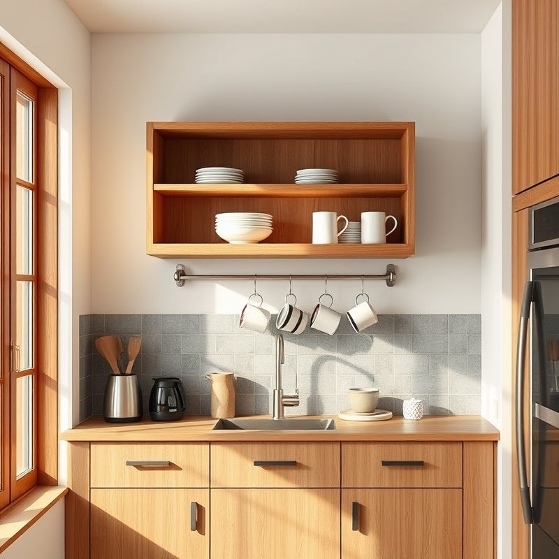 24 Kitchen Cabinets Ideas That Maximize Storage and Elevate Your Space Upgrade Your Kitchen Today 24 floating open kitchen cabinet with underneath hooks holding mugs