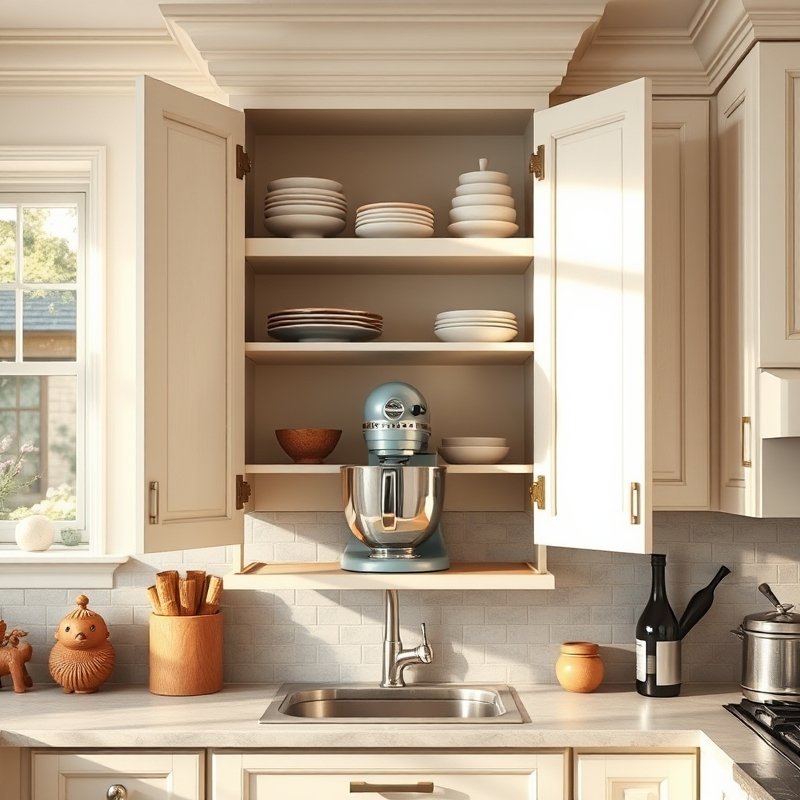 20 Kitchen Decor Ideas 2026 That Transform Your Space With Modern Style and Charm Upgrade Now 12 pull-down mixer shelf inside kitchen cabinet open