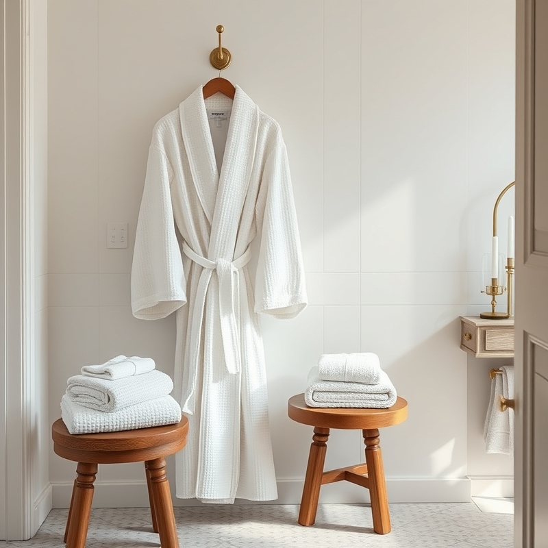 two plush robes and Turkish towels hanging in a bright luxury bathroom