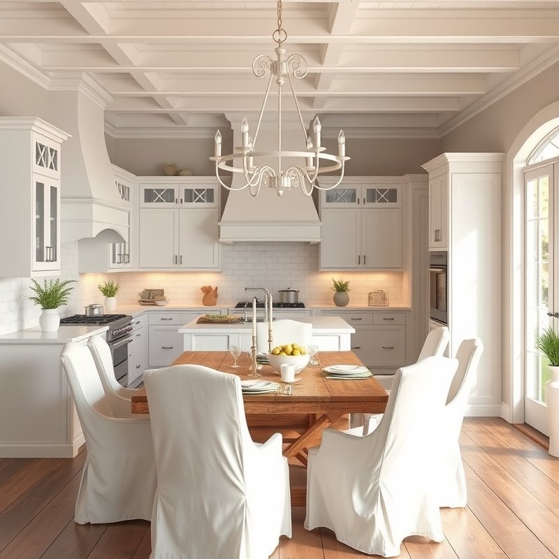 white kitchen dining area with a white iron chandelier hanging above a wooden farmhouse table, linen slipcovered chairs
