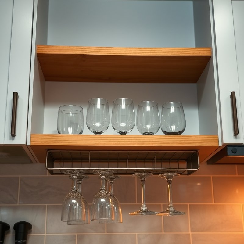 21 Kitchen Organization Ideas That Declutter Your Space and Make Cooking Easier Try These Now 13 underneath a kitchen shelf, a wire basket holding stemless wine glasses