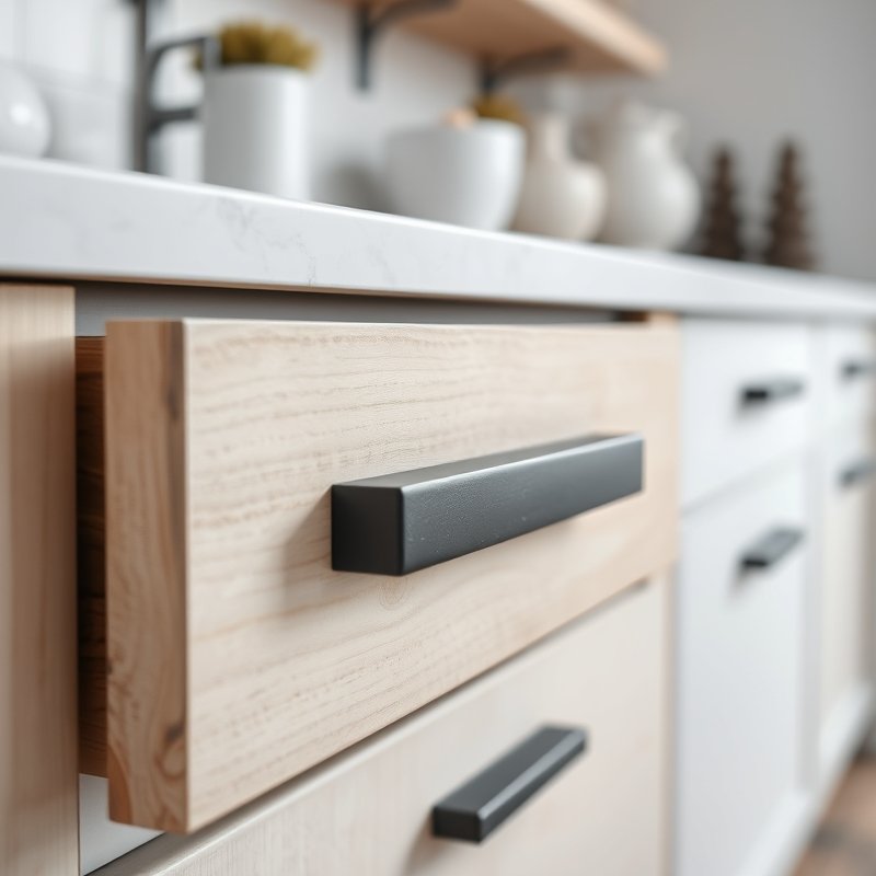 21 Japandi Kitchen Ideas That Blend Minimalist Style With Natural Calm Start Styling Now 6 light wood cabinet drawer with matte black slim pull handle