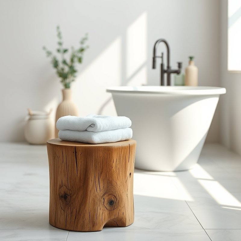 19 Cozy Bathroom Ideas That Make Your Space Feel Warm, Relaxing, and Inviting Try These Today 20 a small unpolished wooden stool beside a bathtub, holding a washcloth