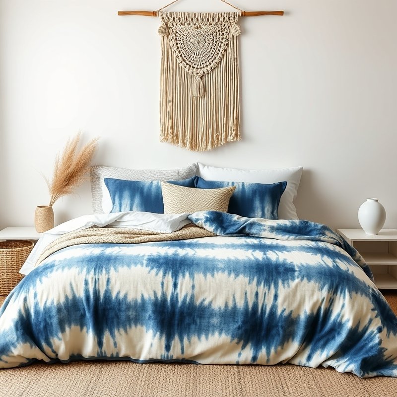 bed with a soft tie-dye duvet cover in muted earthy colors, layered boho pillows