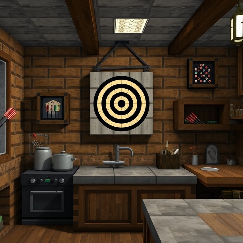 Minecraft kitchen with a target block used as dartboard wall decor