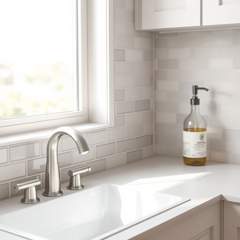 kitchen sink area with built-in soap pump mounted on backsplash