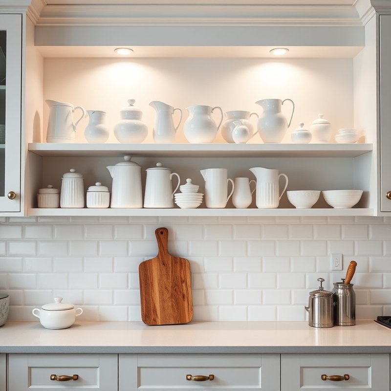 white kitchen open shelves styled with white ceramic canisters, pitchers, and a wooden cutting board leaning against the wall