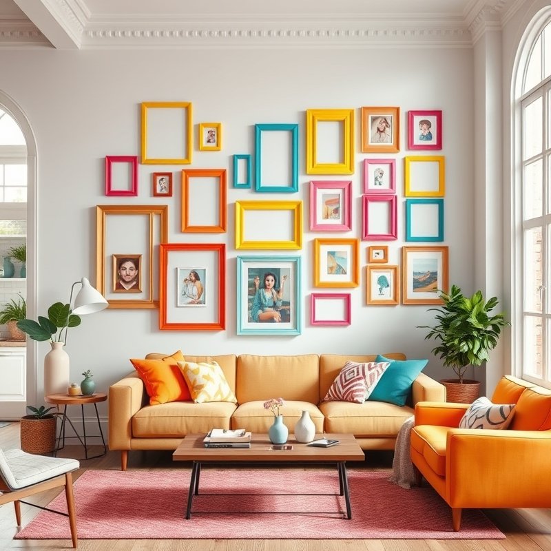 19 Colorful Living Room Ideas 2026 That Add Bold Personality and Happy Vibes Try This Look 7 gallery wall with mismatched colorful frames in living room