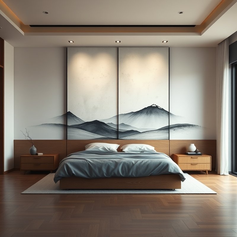 21 Japandi Bedroom Ideas That Blend Minimalist Calm With Warm Natural Beauty You Must Try 14 Sliding art panel with hand-painted landscape behind low platform bed