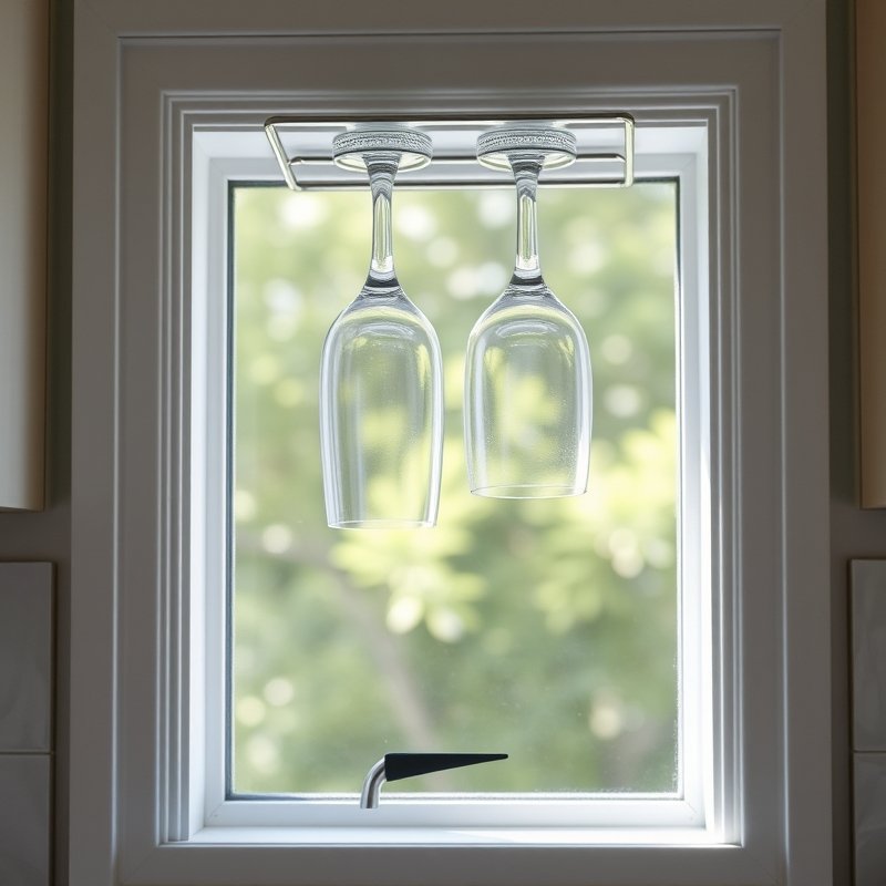 kitchen window with a slim metal rack hanging wine glasses upside down