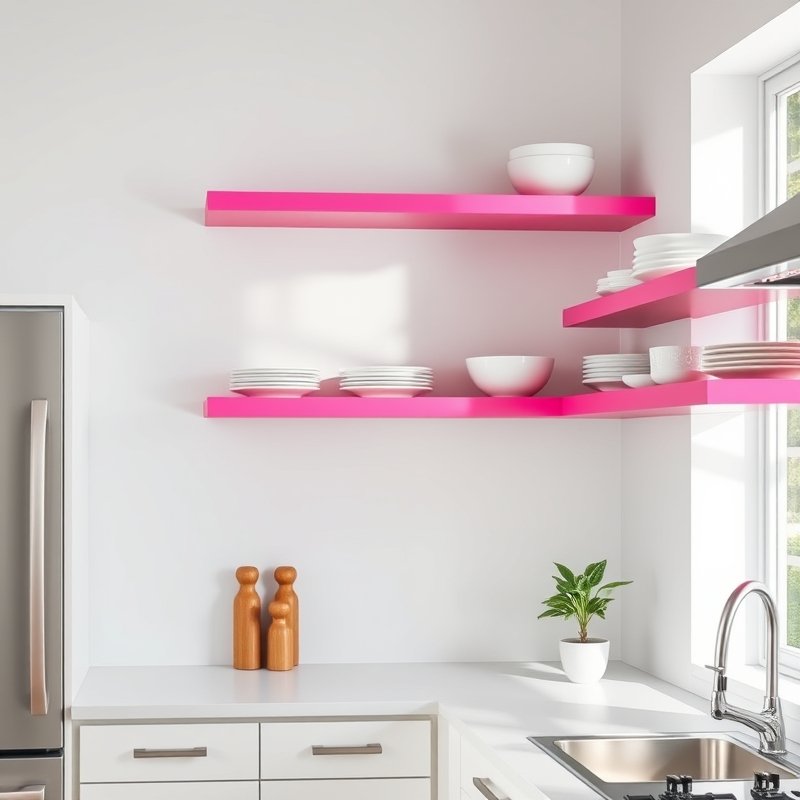 white kitchen with hot pink open floating shelves styled with white dishes