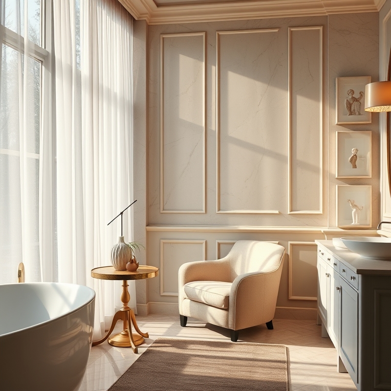 a soft upholstered armchair in the corner of a large bathroom