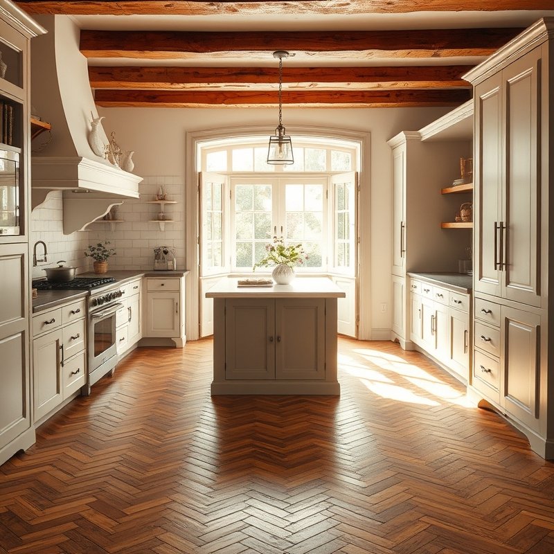Herringbone pattern wood floors in a rustic kitchen with natural light