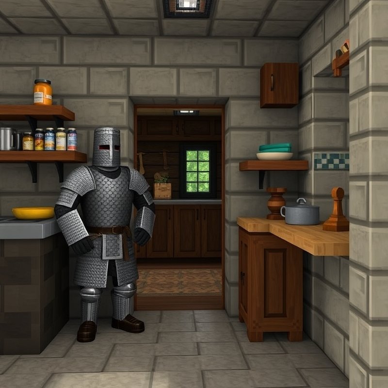 Minecraft kitchen corner with a chainmail armor stand acting as a chef