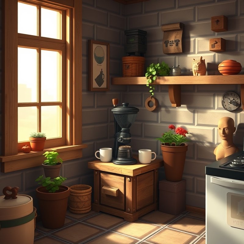 Minecraft kitchen with a fletching table used as a coffee grinder station