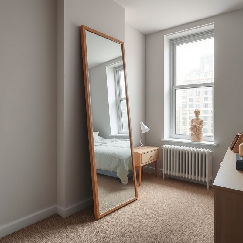mirror leaning on wall in small bedroom reflecting window