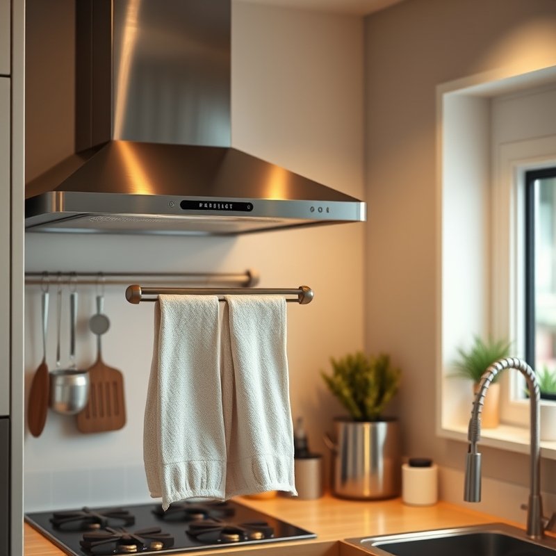 stainless steel range hood with a magnetic bar holding dish towels