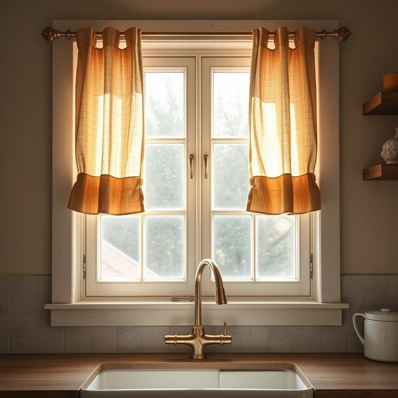 Half-length linen curtains on a brass café rod over a kitchen sink window