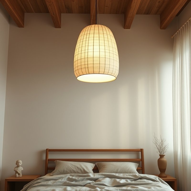 21 Japandi Bedroom Ideas That Blend Minimalist Calm With Warm Natural Beauty You Must Try 6 Washi paper pendant light hanging low in a Japandi bedroom with natural textures