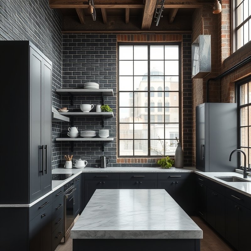 industrial black kitchen with concrete floating shelves and exposed brick