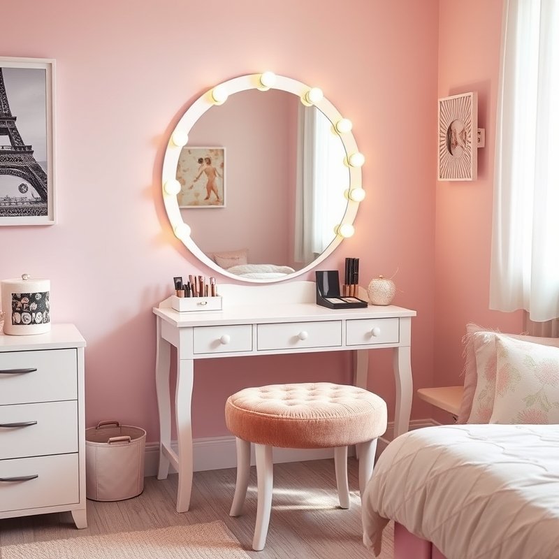 21 Teen Girl Bedroom Ideas 2026 That Create a Cute, Aesthetic, and Trendy Dream Room You’ll Love These 11 Vanity desk with large Hollywood-style lighted mirror in a glam teen bedroom