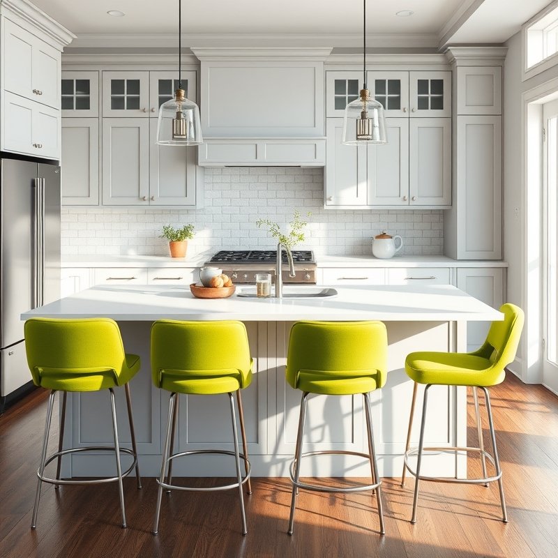 20 Green Kitchen Ideas That Bring Fresh, Natural Vibes Into Your Home Try This Look Now 7 Lime green bar stools at a kitchen island with a neutral backdrop