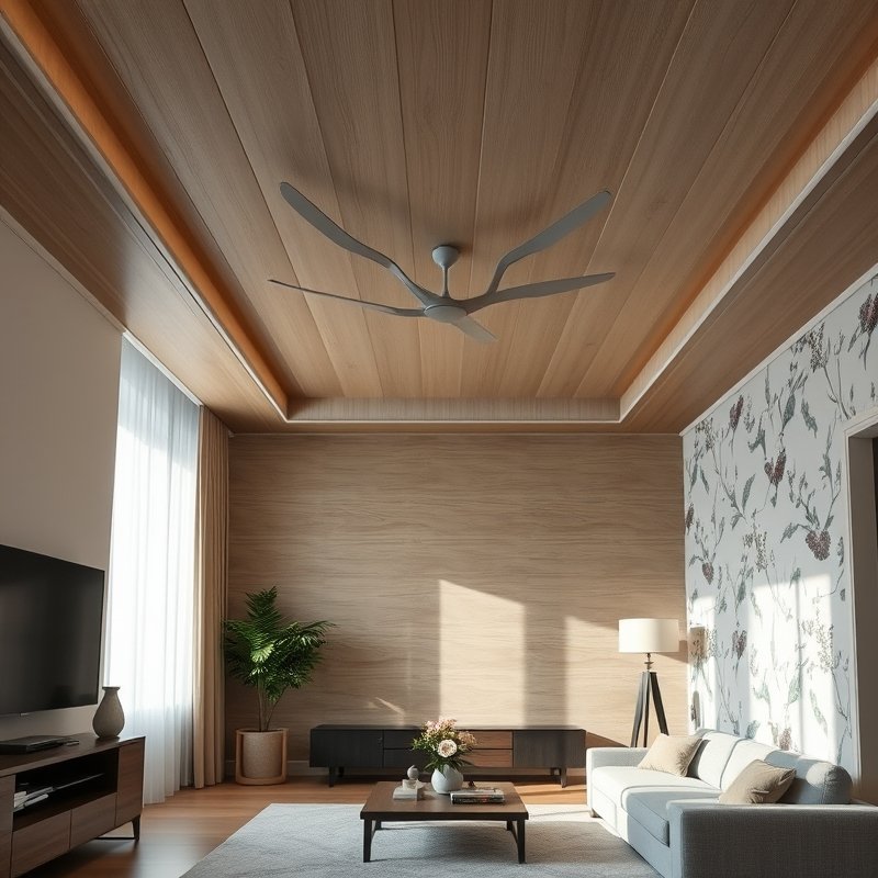 21 Living Room Ideas 2026 That Bring Fresh Trends and Modern Style Into Your Home Stay Ahead Now 7 Living room with fluted wood panel ceiling and soft wallpaper