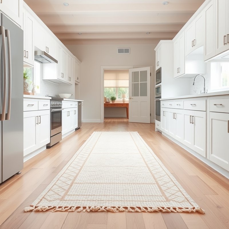 white kitchen with a long white runner rug featuring a subtle woven geometric pattern, running along the galley floor