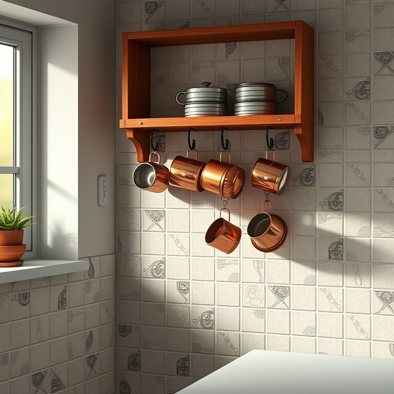 Copper mugs hanging from hooks on a wooden rack