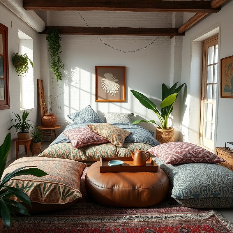 boho bedroom corner with large Moroccan floor cushions and a leather pouf