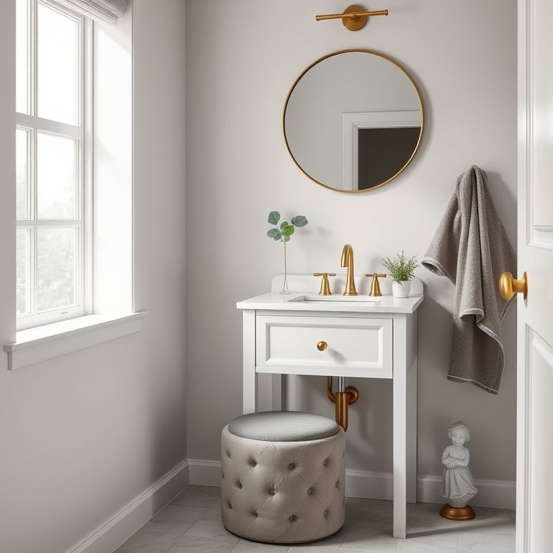 19 Cozy Bathroom Ideas That Make Your Space Feel Warm, Relaxing, and Inviting Try These Today 14 a small tufted upholstered stool in front of a vanity, soft grey fabric
