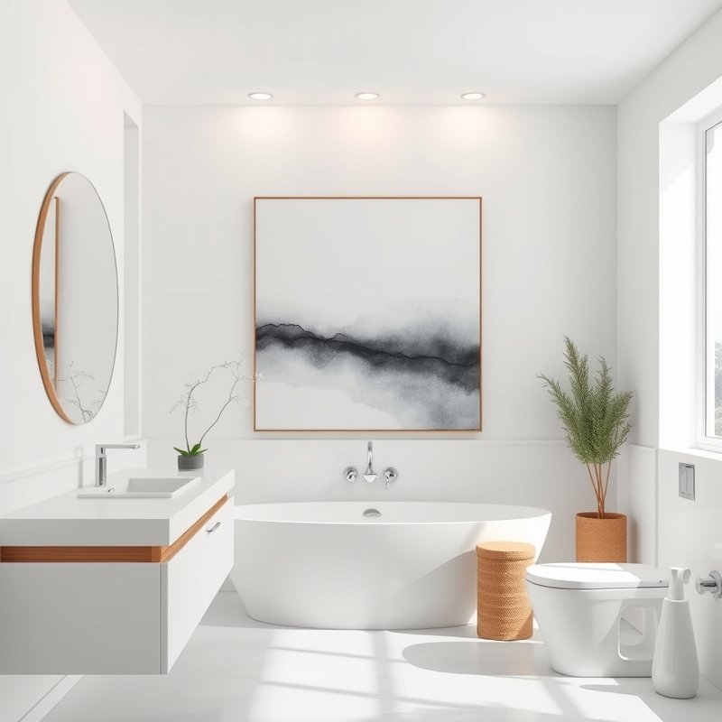 Small bathroom with a large framed botanical print above a wall hook, soft neutral palette