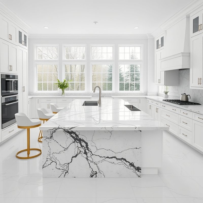 white kitchen countertops in engineered stone with bold black veining, waterfall island edge, and brass bar stools