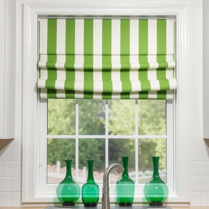20 Green Kitchen Ideas That Bring Fresh, Natural Vibes Into Your Home Try This Look Now 19 Green and white striped Roman shade above a kitchen window