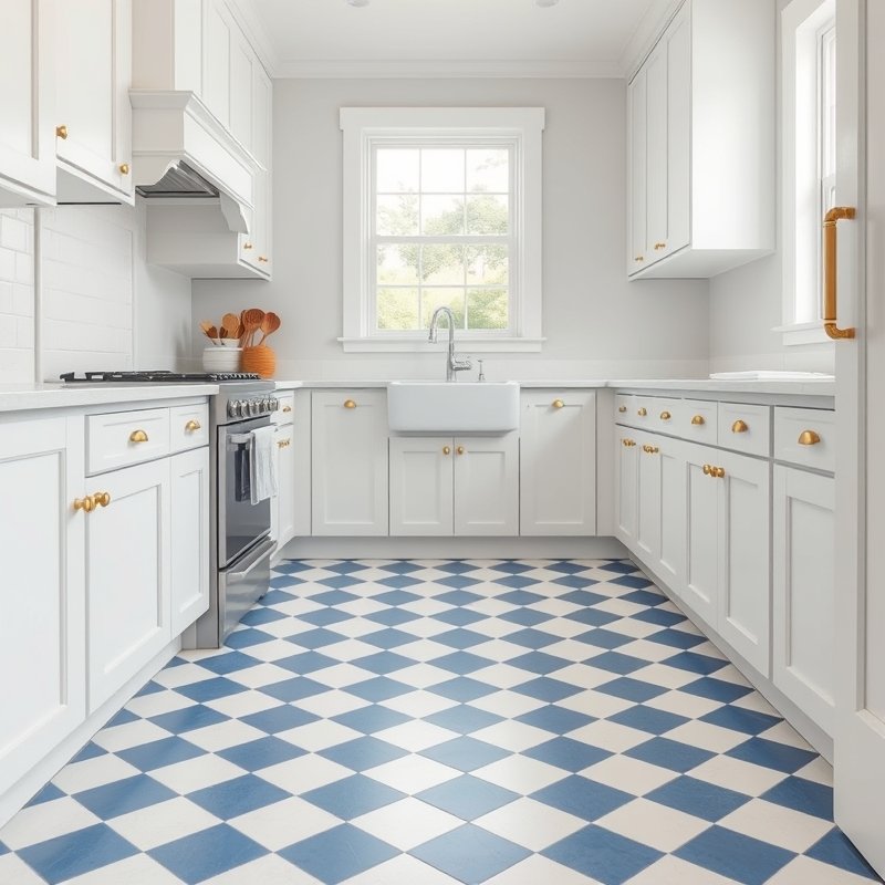 kitchen floor with blue and white checkered tiles, white cabinets, brass accents