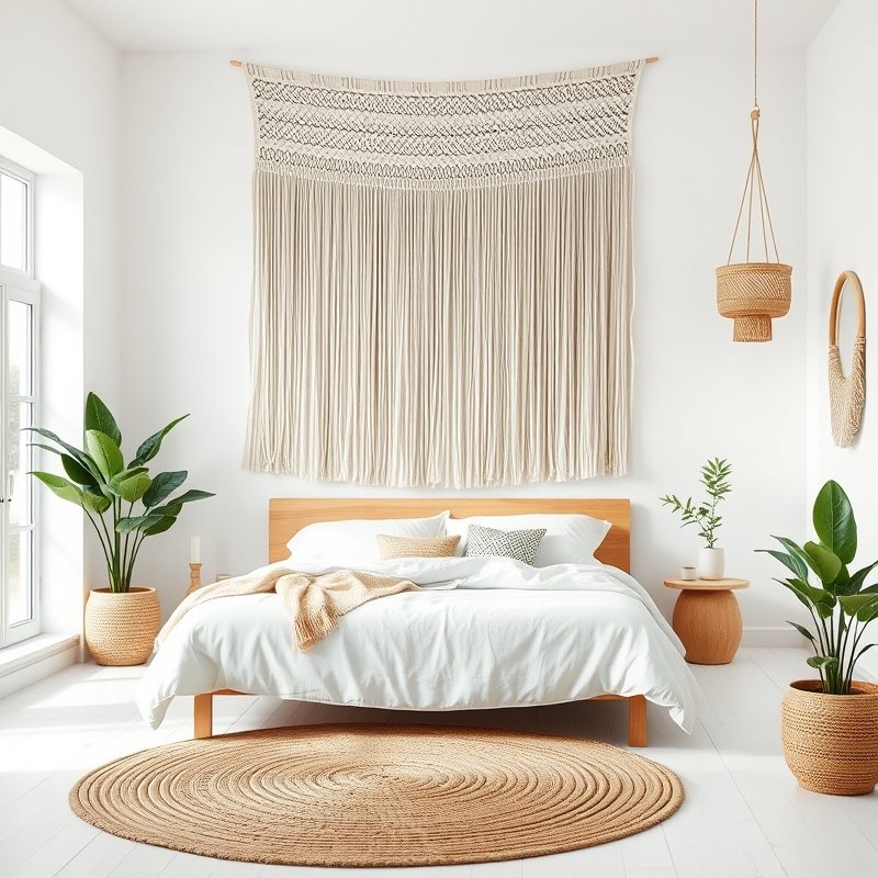 large macrame wall hanging above a boho bed with neutral bedding