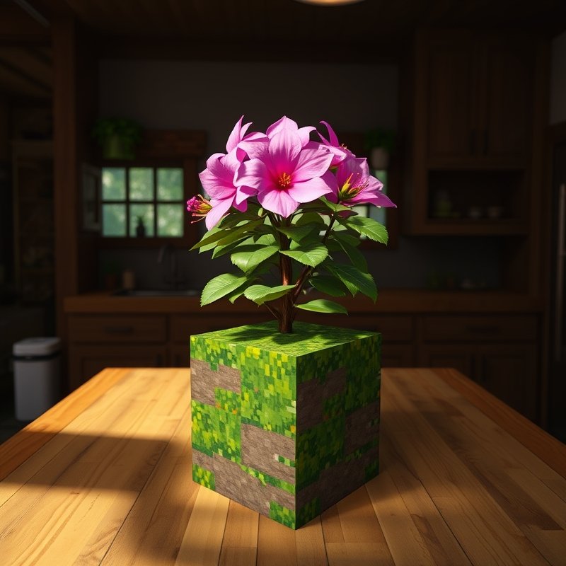 Minecraft kitchen island with an azalea plant centerpiece on a moss block