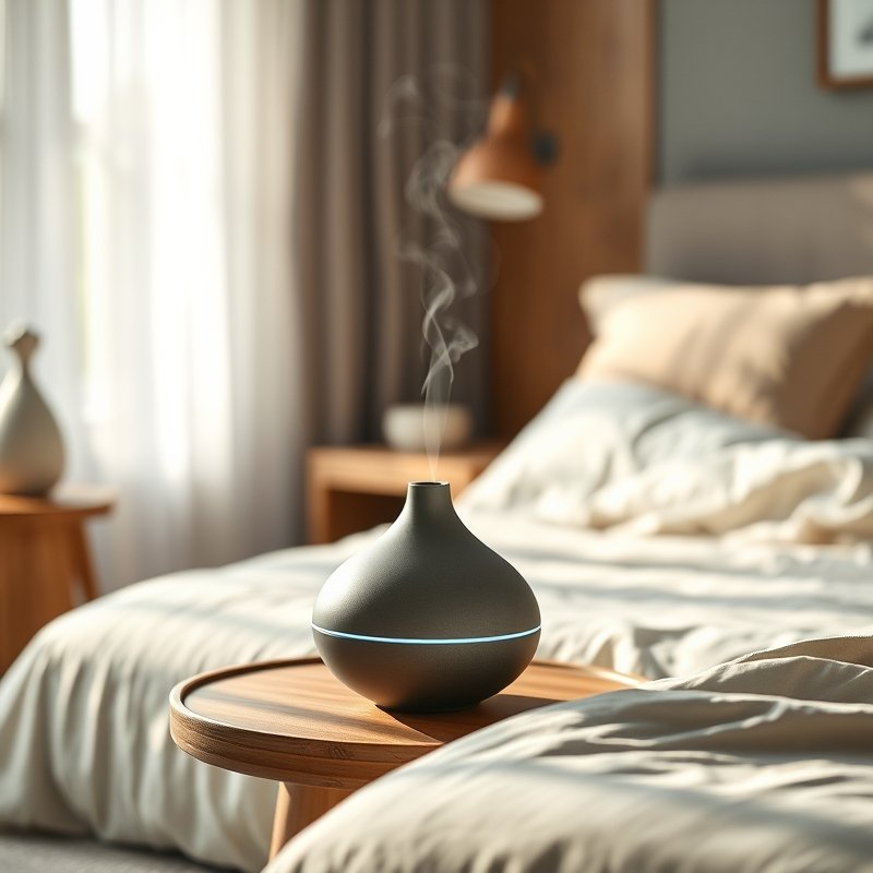 21 Japandi Bedroom Ideas That Blend Minimalist Calm With Warm Natural Beauty You Must Try 12 Stoneware aromatherapy diffuser on wooden nightstand with hinoki scent
