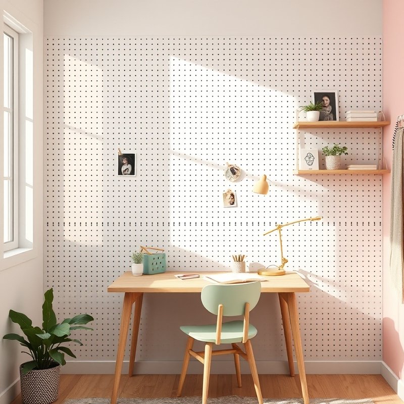 21 Teen Girl Bedroom Ideas 2026 That Create a Cute, Aesthetic, and Trendy Dream Room You’ll Love These 3 Large pegboard wall with shelves and decor in a bright teen bedroom